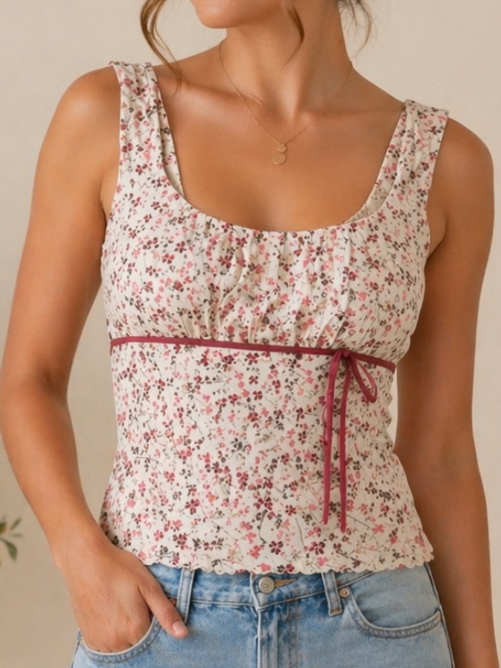 Y2K Babydoll Tank Top Womens Medium Sleeveless Tie Front Floral Cottagecore